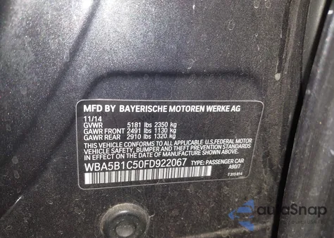 2015 BMW 535I из США, поврежденный, VIN WBA5B1C50FD922067